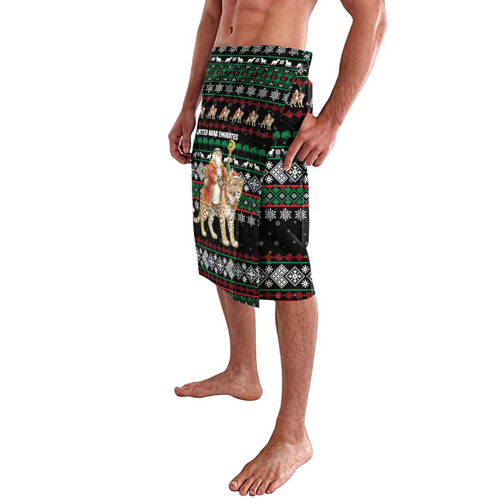 United Arab Emirates Christmas Lavalava with Santa Riding Cheetah Black Snowflake Pattern and Palm Tree - Wonder Print Shop