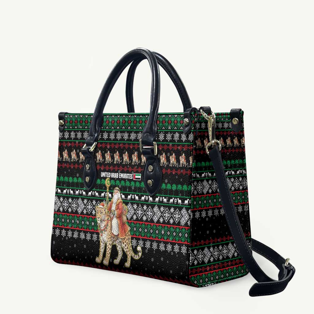 United Arab Emirates Christmas Leather Bag with Santa Riding Cheetah Black Snowflake Pattern and Palm Tree - Wonder Print Shop