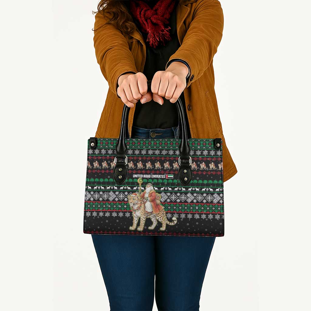United Arab Emirates Christmas Leather Bag with Santa Riding Cheetah Black Snowflake Pattern and Palm Tree - Wonder Print Shop
