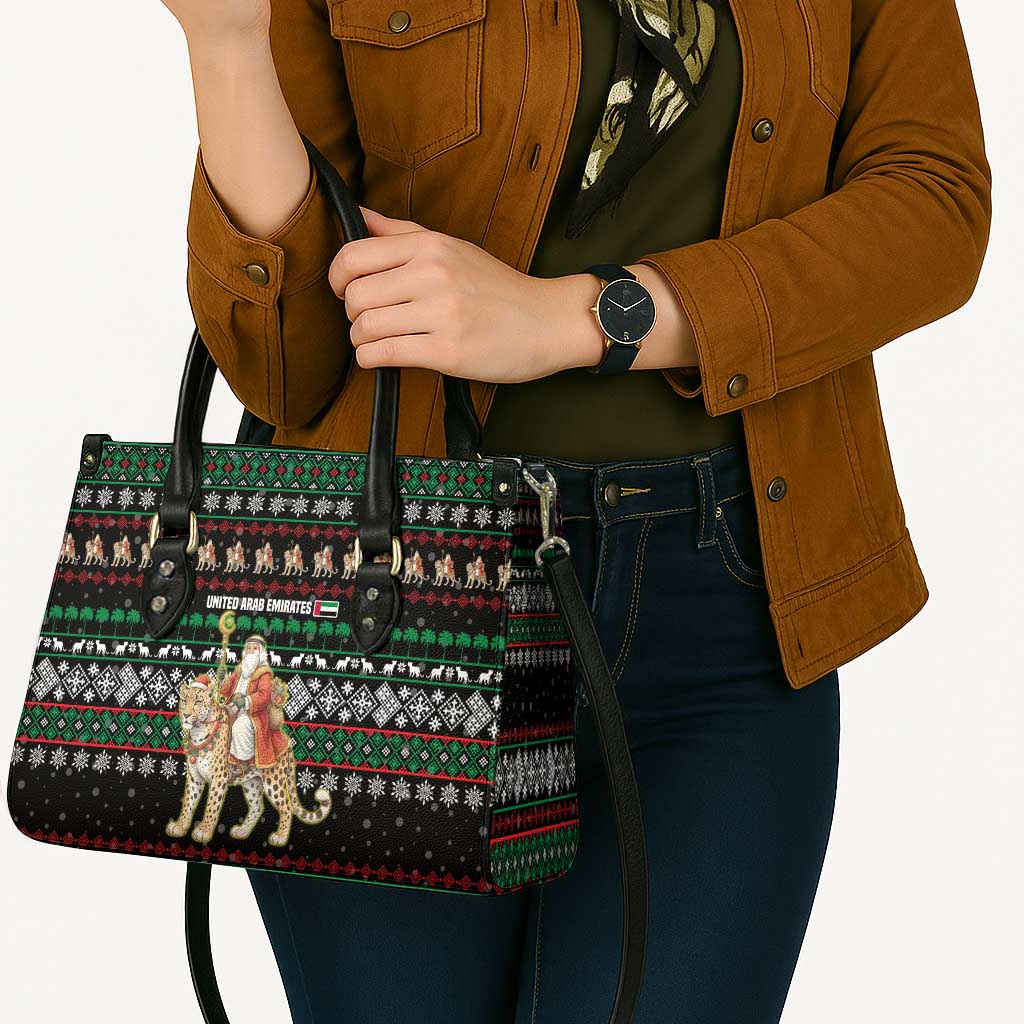 United Arab Emirates Christmas Leather Bag with Santa Riding Cheetah Black Snowflake Pattern and Palm Tree - Wonder Print Shop