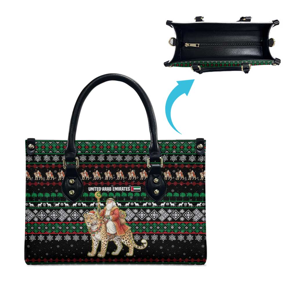 United Arab Emirates Christmas Leather Bag with Santa Riding Cheetah Black Snowflake Pattern and Palm Tree - Wonder Print Shop