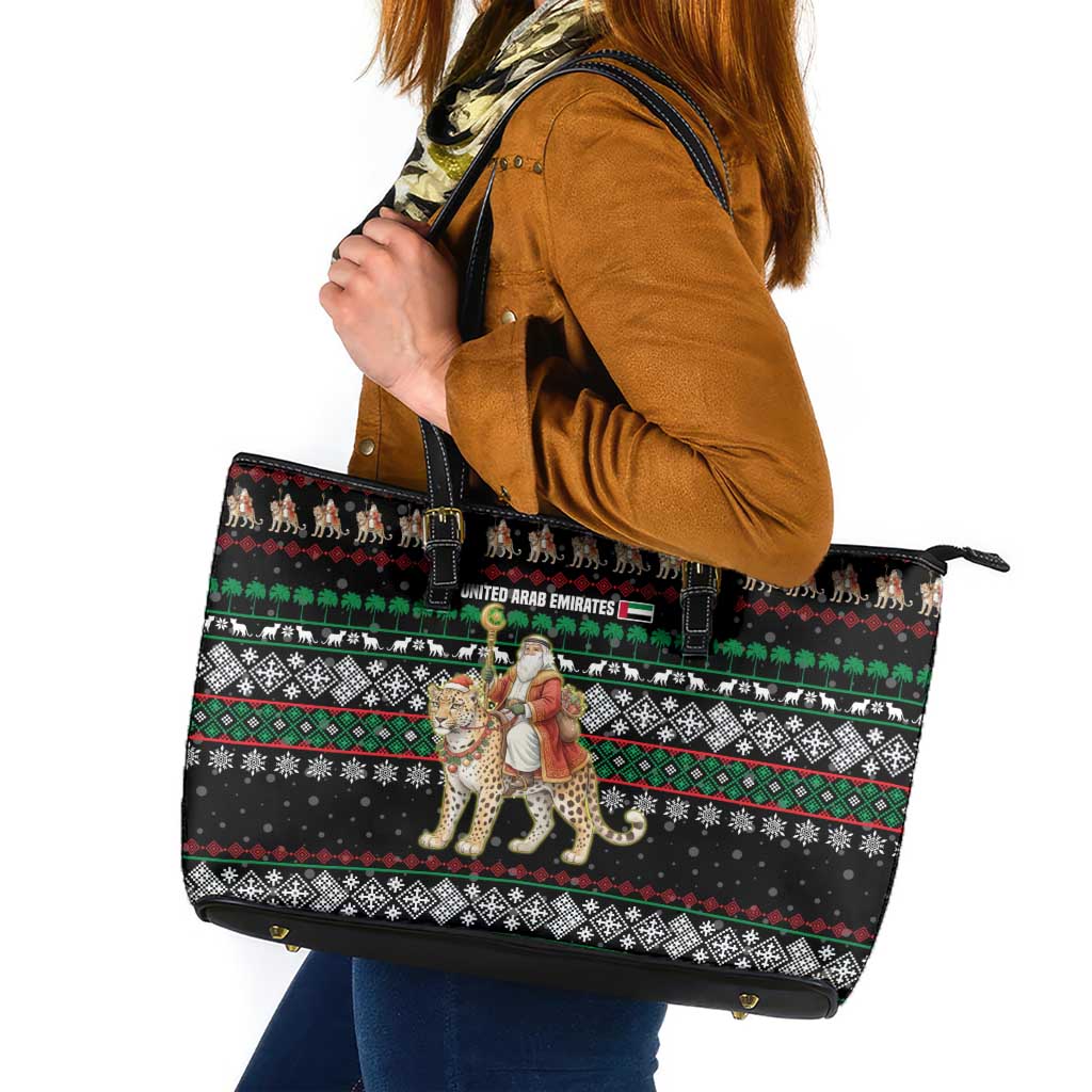 United Arab Emirates Christmas Leather Tote Bag with Santa Riding Cheetah Black Snowflake Pattern and Palm Tree - Wonder Print Shop