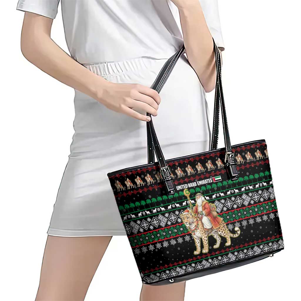 United Arab Emirates Christmas Leather Tote Bag with Santa Riding Cheetah Black Snowflake Pattern and Palm Tree - Wonder Print Shop