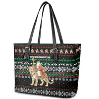 United Arab Emirates Christmas Leather Tote Bag with Santa Riding Cheetah Black Snowflake Pattern and Palm Tree - Wonder Print Shop