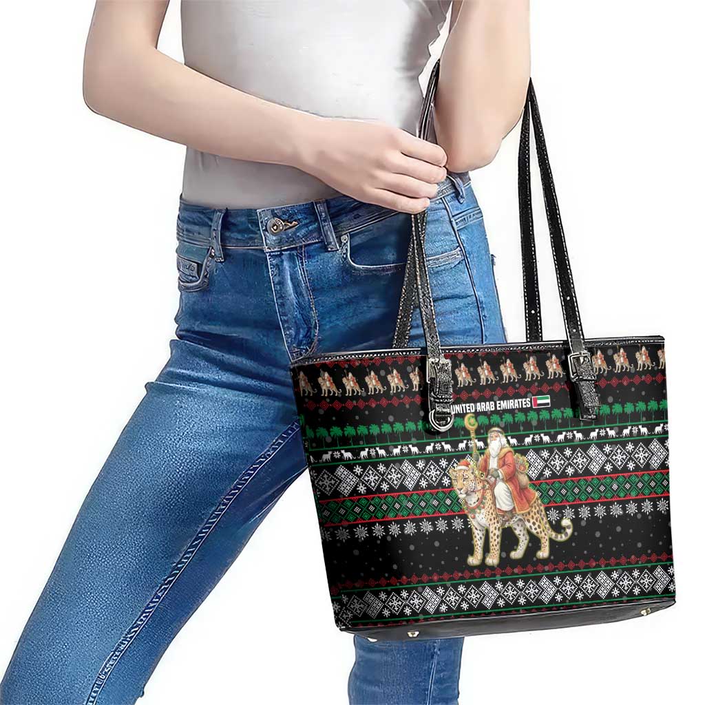 United Arab Emirates Christmas Leather Tote Bag with Santa Riding Cheetah Black Snowflake Pattern and Palm Tree - Wonder Print Shop