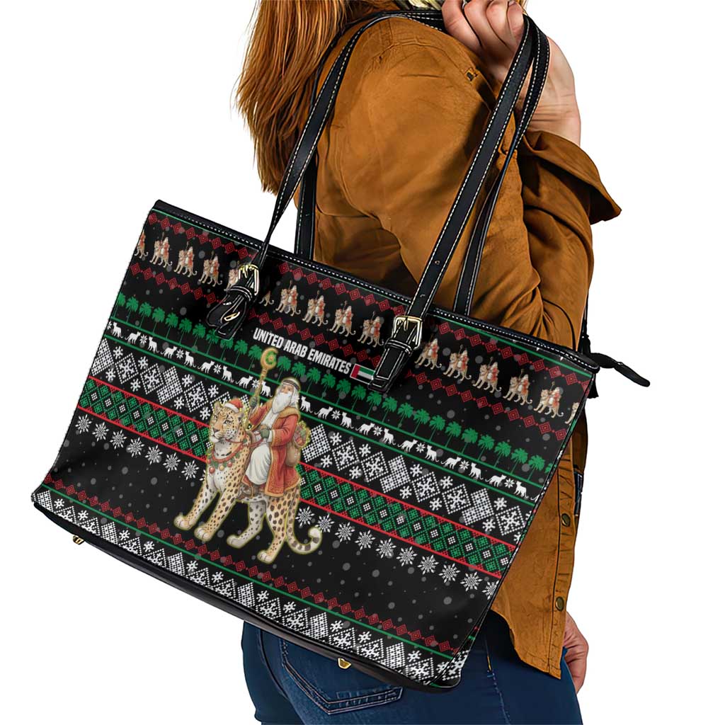 United Arab Emirates Christmas Leather Tote Bag with Santa Riding Cheetah Black Snowflake Pattern and Palm Tree - Wonder Print Shop