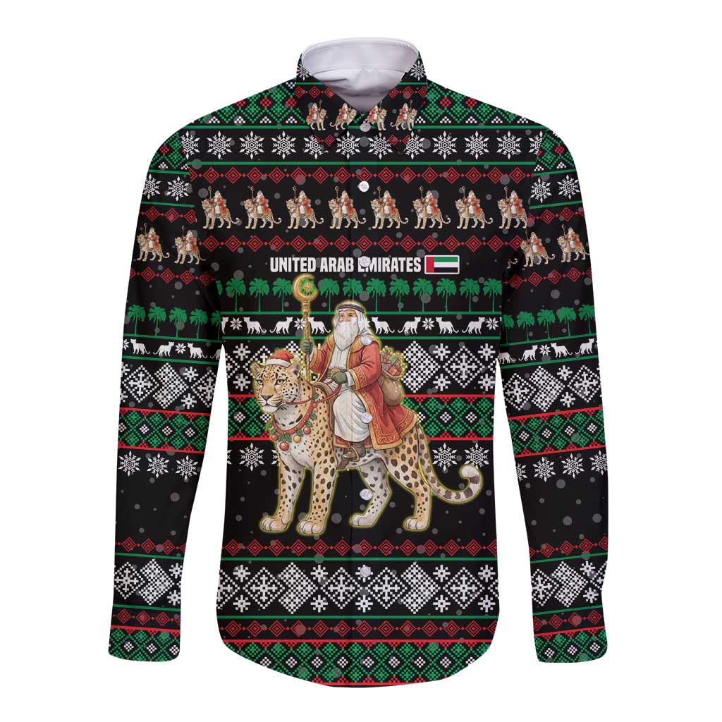 United Arab Emirates Christmas Long Sleeve Button Shirt with Santa Riding Cheetah Black Snowflake Pattern and Palm Tree - Wonder Print Shop