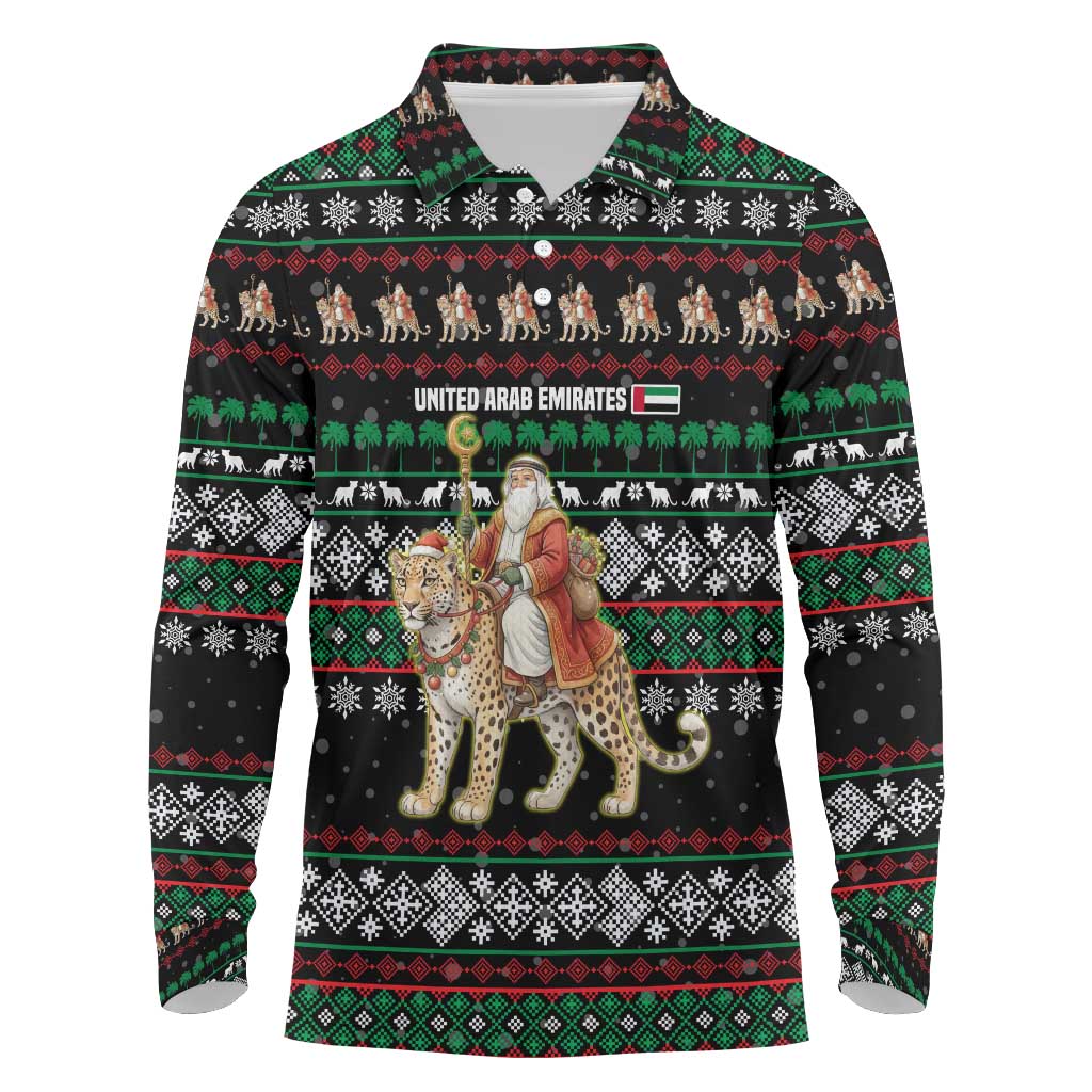 United Arab Emirates Christmas Long Sleeve Polo Shirt with Santa Riding Cheetah Black Snowflake Pattern and Palm Tree - Wonder Print Shop