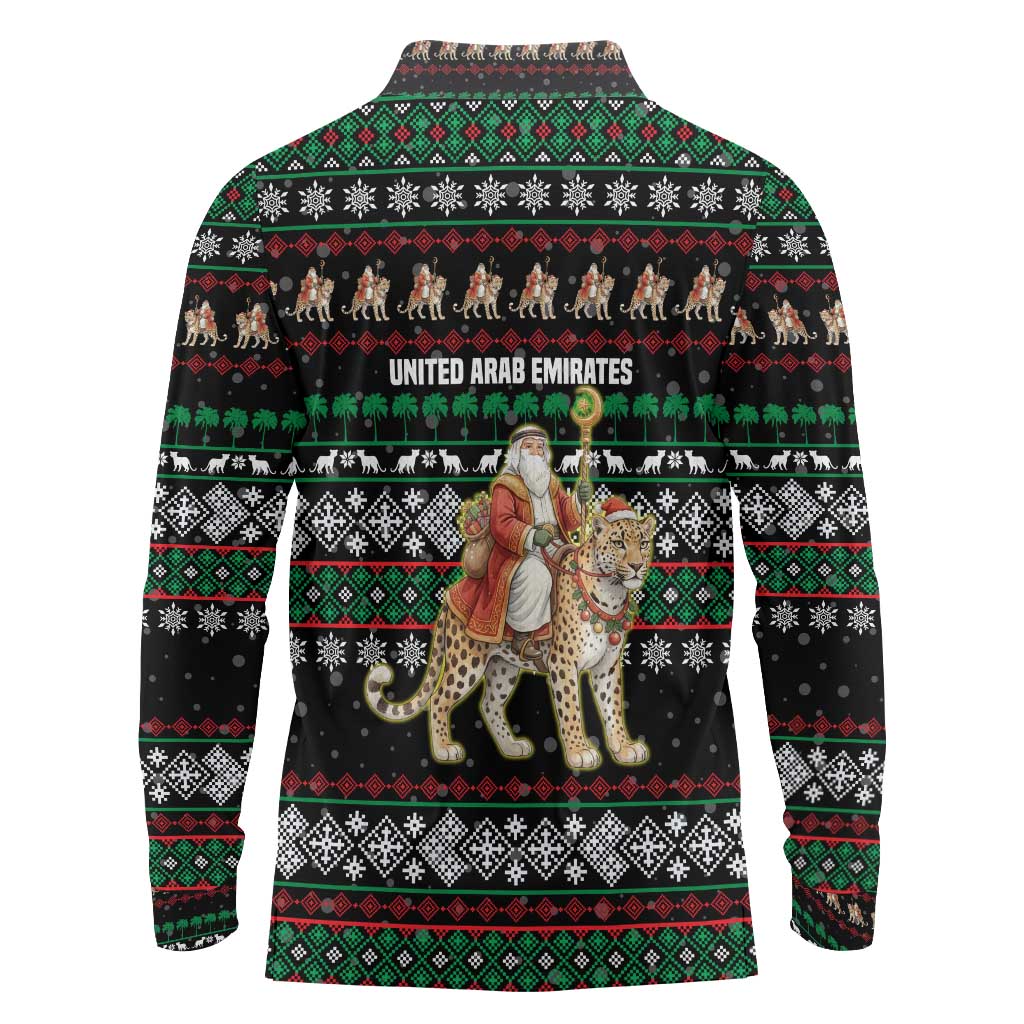 United Arab Emirates Christmas Long Sleeve Polo Shirt with Santa Riding Cheetah Black Snowflake Pattern and Palm Tree - Wonder Print Shop