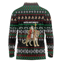 United Arab Emirates Christmas Long Sleeve Polo Shirt with Santa Riding Cheetah Black Snowflake Pattern and Palm Tree - Wonder Print Shop