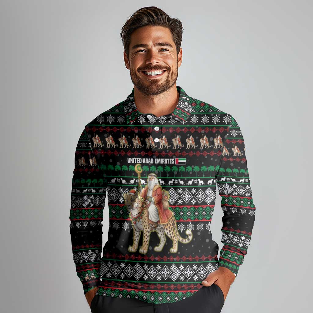 United Arab Emirates Christmas Long Sleeve Polo Shirt with Santa Riding Cheetah Black Snowflake Pattern and Palm Tree - Wonder Print Shop