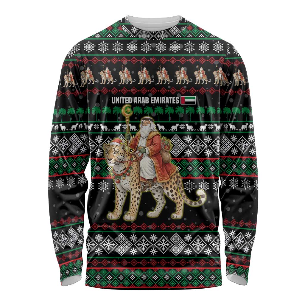 United Arab Emirates Christmas Long Sleeve Shirt with Santa Riding Cheetah Black Snowflake Pattern and Palm Tree - Wonder Print Shop