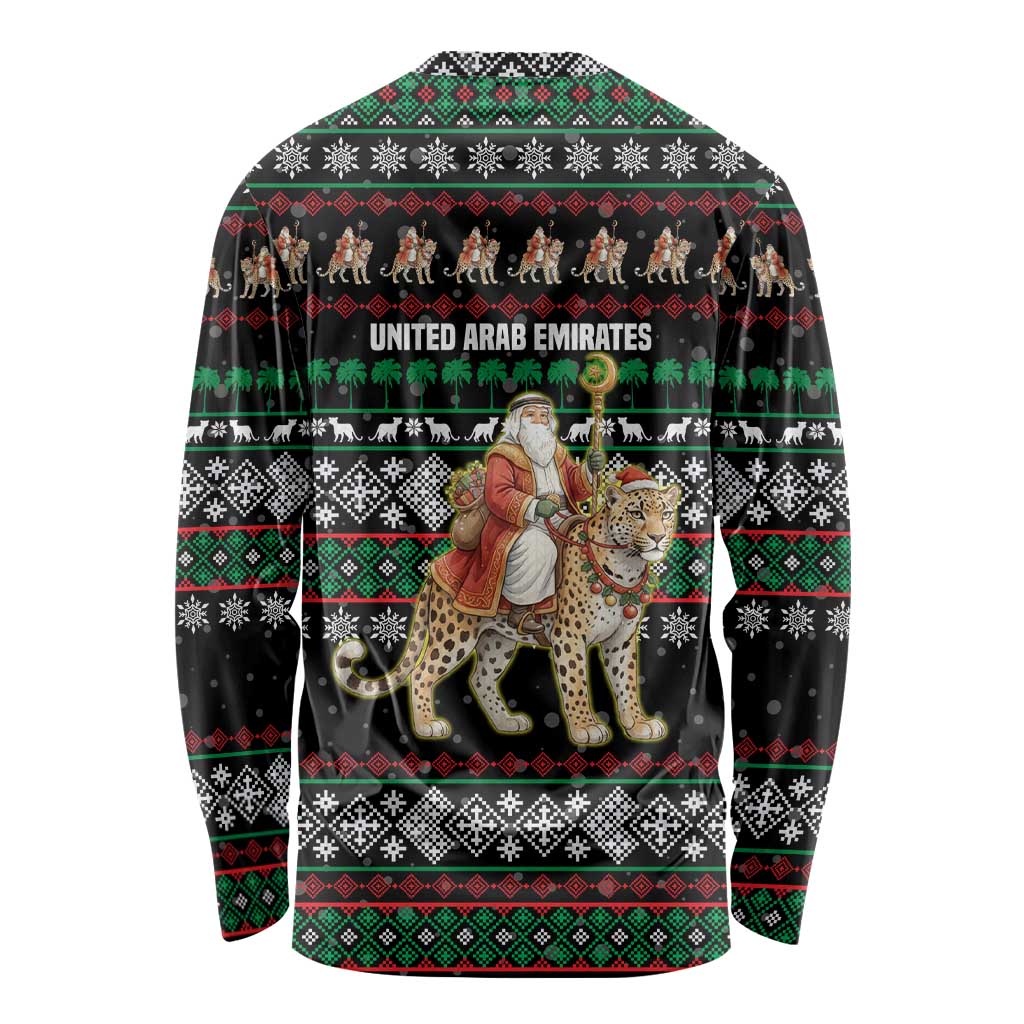 United Arab Emirates Christmas Long Sleeve Shirt with Santa Riding Cheetah Black Snowflake Pattern and Palm Tree - Wonder Print Shop
