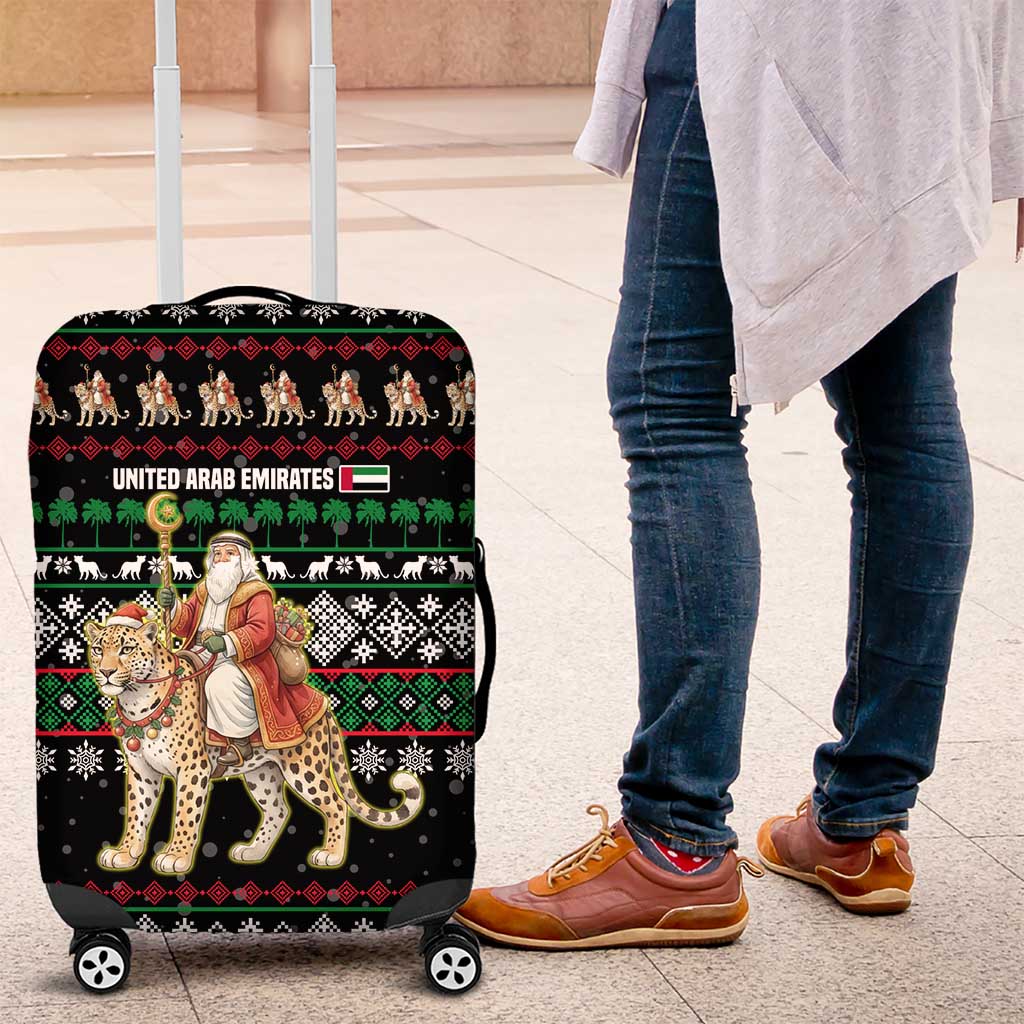 United Arab Emirates Christmas Luggage Cover with Santa Riding Cheetah Black Snowflake Pattern and Palm Tree - Wonder Print Shop