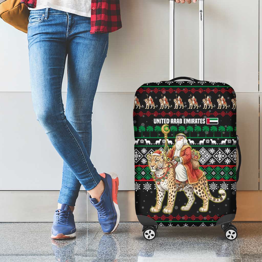 United Arab Emirates Christmas Luggage Cover with Santa Riding Cheetah Black Snowflake Pattern and Palm Tree - Wonder Print Shop