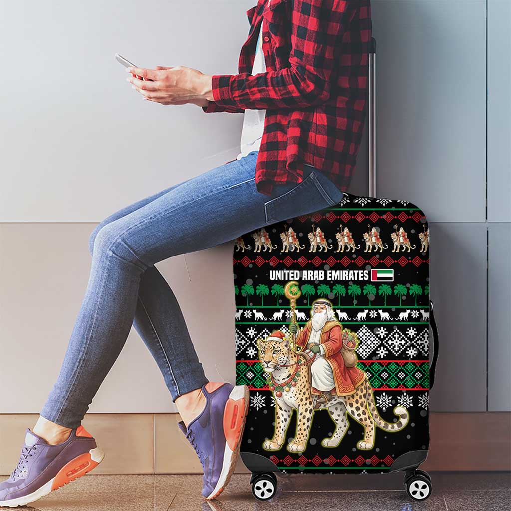 United Arab Emirates Christmas Luggage Cover with Santa Riding Cheetah Black Snowflake Pattern and Palm Tree - Wonder Print Shop