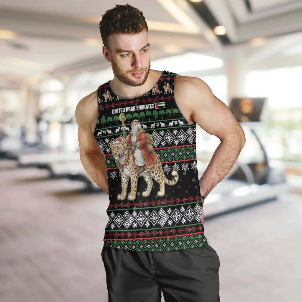 United Arab Emirates Christmas Men Tank Top with Santa Riding Cheetah Black Snowflake Pattern and Palm Tree - Wonder Print Shop