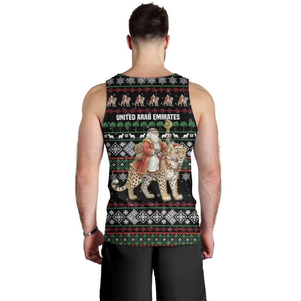 United Arab Emirates Christmas Men Tank Top with Santa Riding Cheetah Black Snowflake Pattern and Palm Tree - Wonder Print Shop