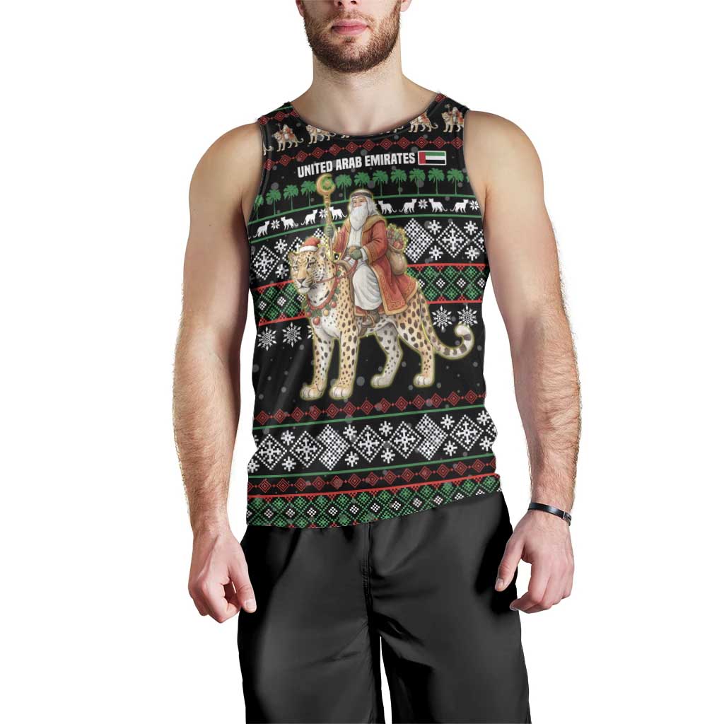 United Arab Emirates Christmas Men Tank Top with Santa Riding Cheetah Black Snowflake Pattern and Palm Tree - Wonder Print Shop