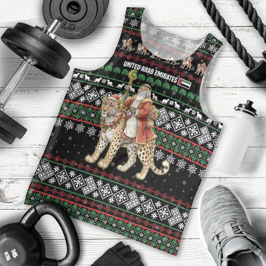 United Arab Emirates Christmas Men Tank Top with Santa Riding Cheetah Black Snowflake Pattern and Palm Tree - Wonder Print Shop