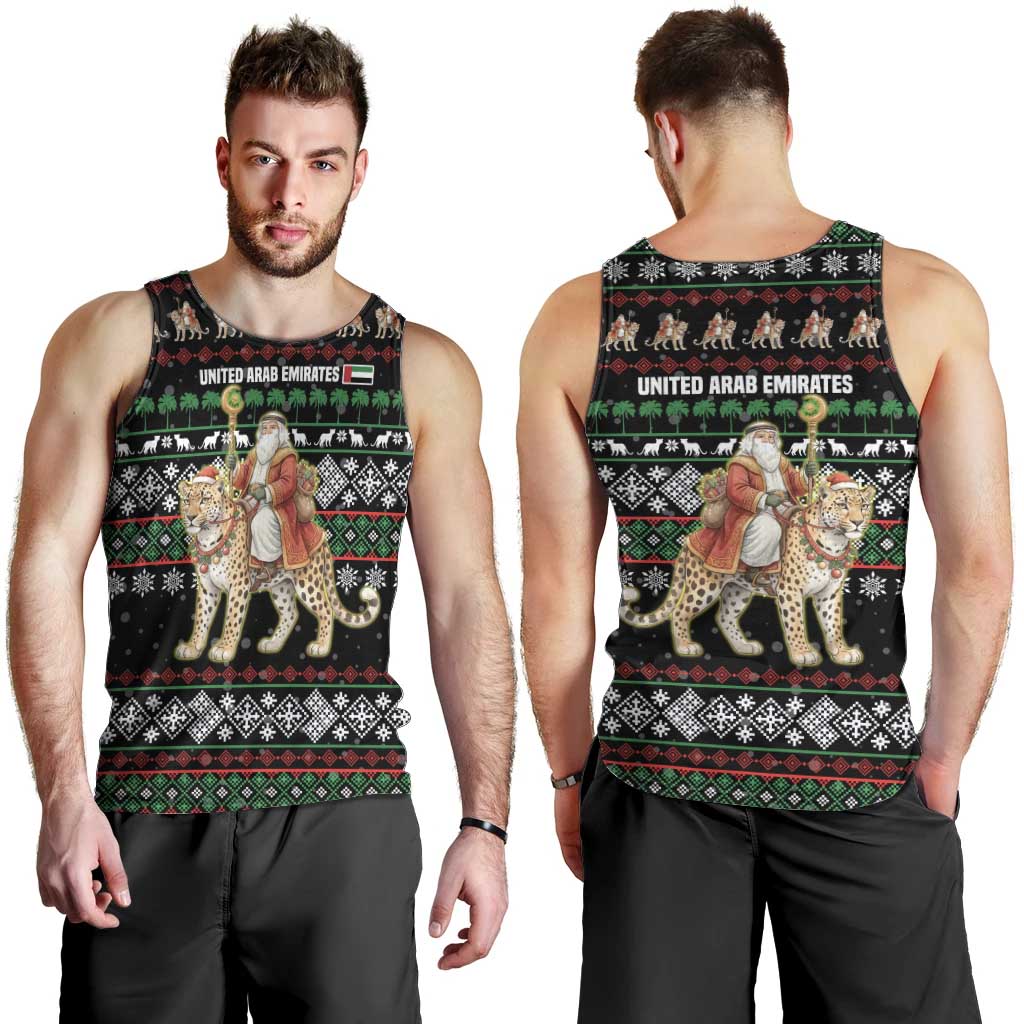 United Arab Emirates Christmas Men Tank Top with Santa Riding Cheetah Black Snowflake Pattern and Palm Tree - Wonder Print Shop