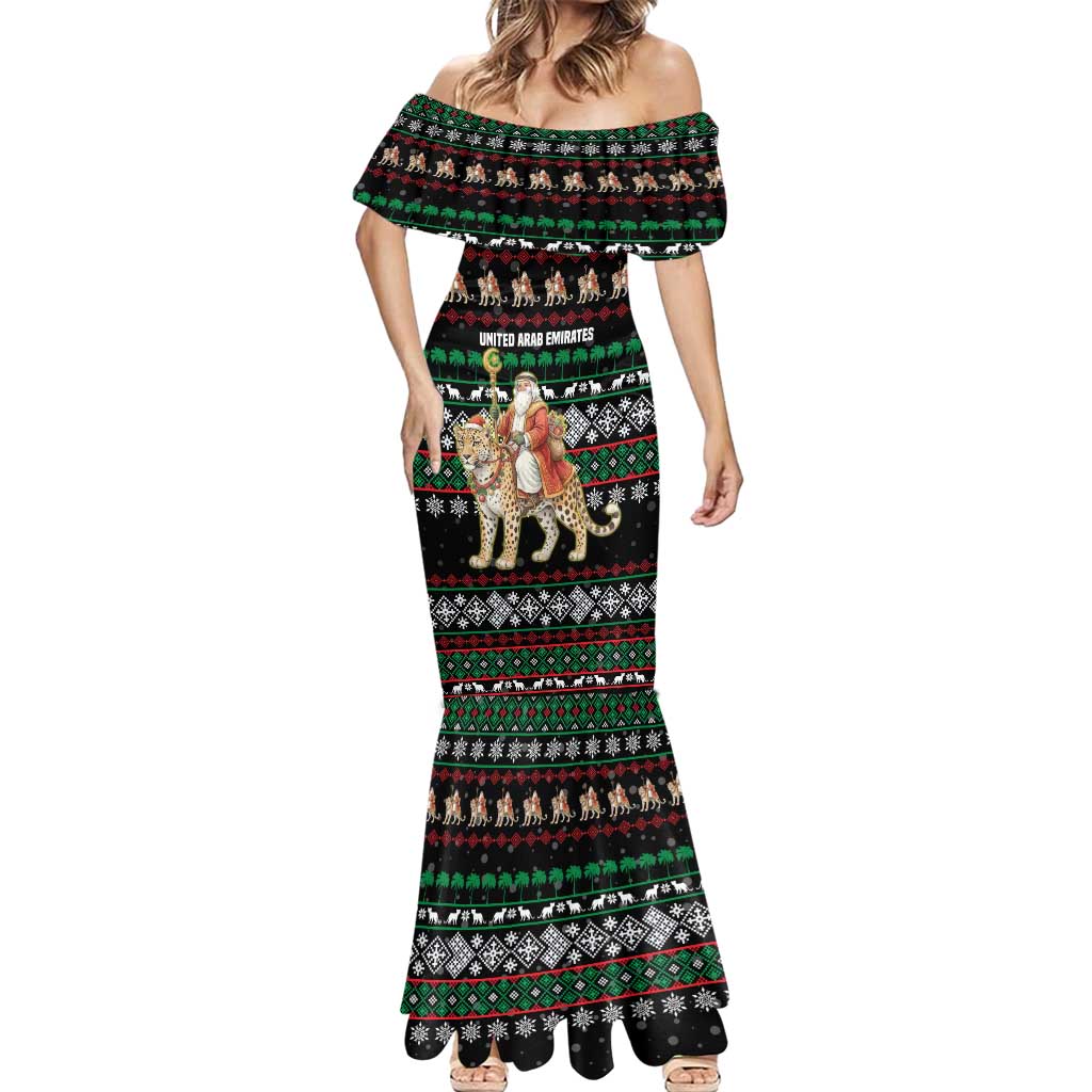 United Arab Emirates Christmas Mermaid Dress with Santa Riding Cheetah Black Snowflake Pattern and Palm Tree - Wonder Print Shop