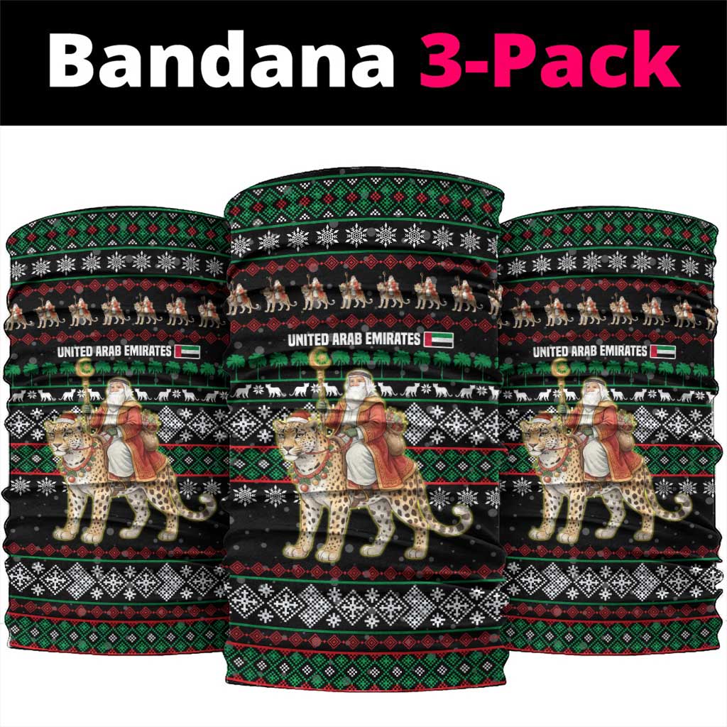 United Arab Emirates Christmas Neck Gaiter with Santa Riding Cheetah Black Snowflake Pattern and Palm Tree - Wonder Print Shop