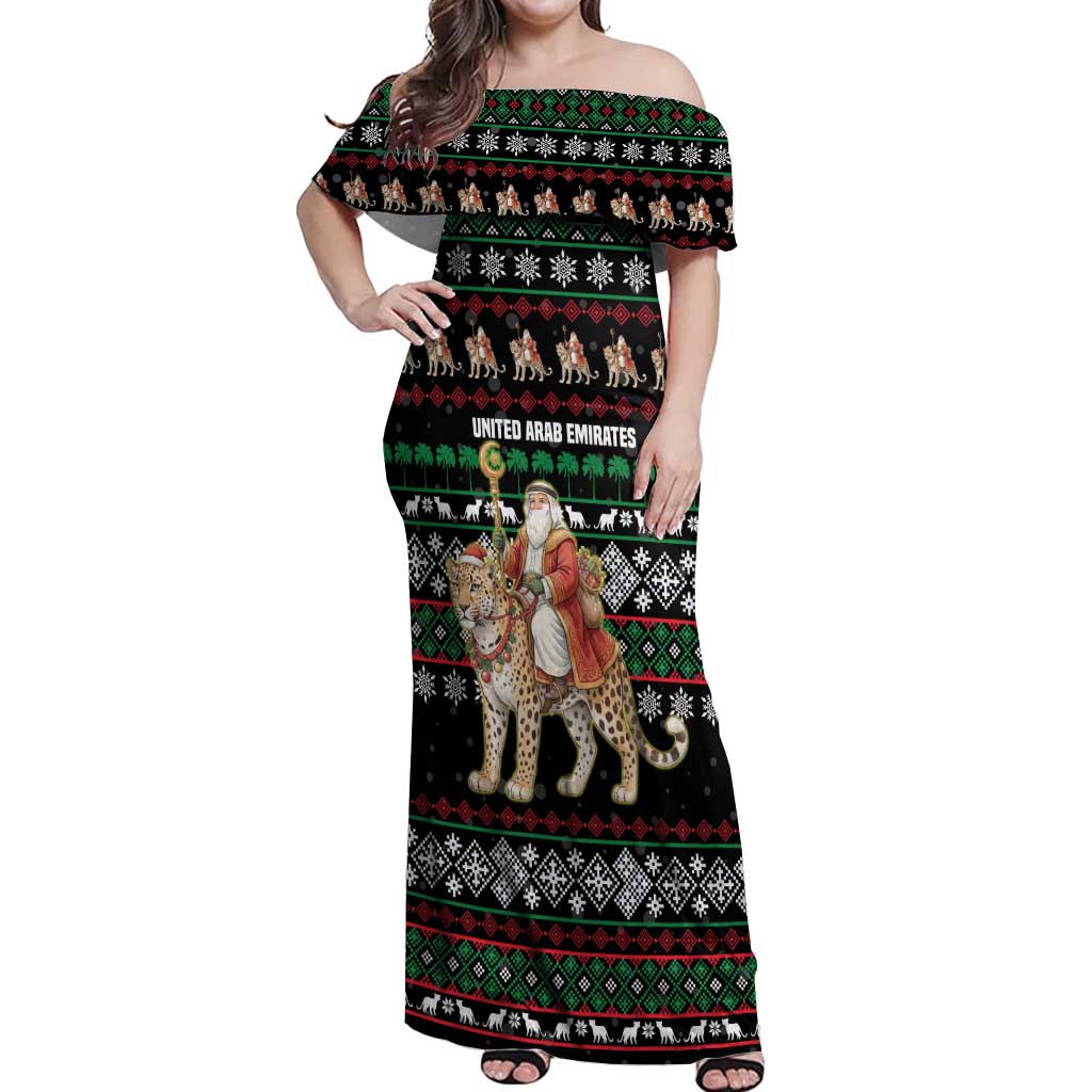 United Arab Emirates Christmas Off Shoulder Maxi Dress with Santa Riding Cheetah Black Snowflake Pattern and Palm Tree - Wonder Print Shop
