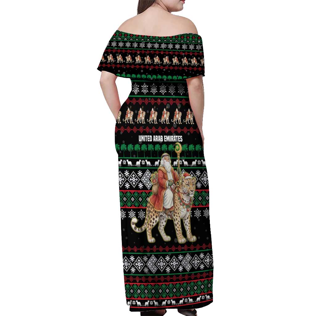 United Arab Emirates Christmas Off Shoulder Maxi Dress with Santa Riding Cheetah Black Snowflake Pattern and Palm Tree - Wonder Print Shop