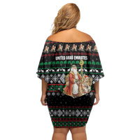 United Arab Emirates Christmas Off Shoulder Short Dress with Santa Riding Cheetah Black Snowflake Pattern and Palm Tree - Wonder Print Shop