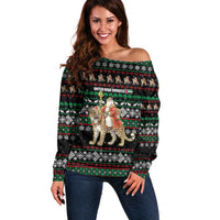 United Arab Emirates Christmas Off Shoulder Sweater with Santa Riding Cheetah Black Snowflake Pattern and Palm Tree - Wonder Print Shop