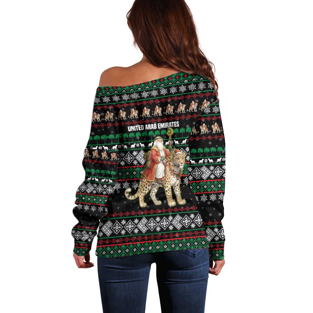 United Arab Emirates Christmas Off Shoulder Sweater with Santa Riding Cheetah Black Snowflake Pattern and Palm Tree - Wonder Print Shop
