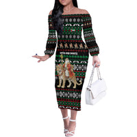 United Arab Emirates Christmas Off The Shoulder Long Sleeve Dress with Santa Riding Cheetah Black Snowflake Pattern and Palm Tree - Wonder Print Shop