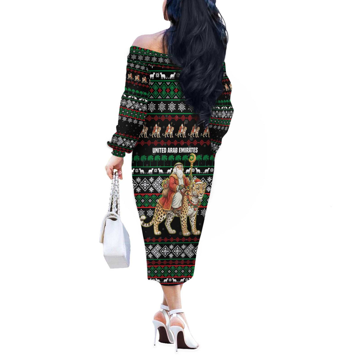 United Arab Emirates Christmas Off The Shoulder Long Sleeve Dress with Santa Riding Cheetah Black Snowflake Pattern and Palm Tree - Wonder Print Shop