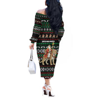 United Arab Emirates Christmas Off The Shoulder Long Sleeve Dress with Santa Riding Cheetah Black Snowflake Pattern and Palm Tree - Wonder Print Shop