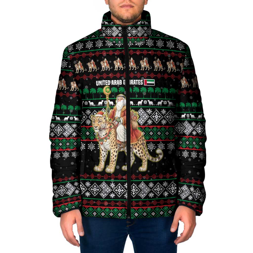United Arab Emirates Christmas Padded Jacket with Santa Riding Cheetah Black Snowflake Pattern and Palm Tree - Wonder Print Shop