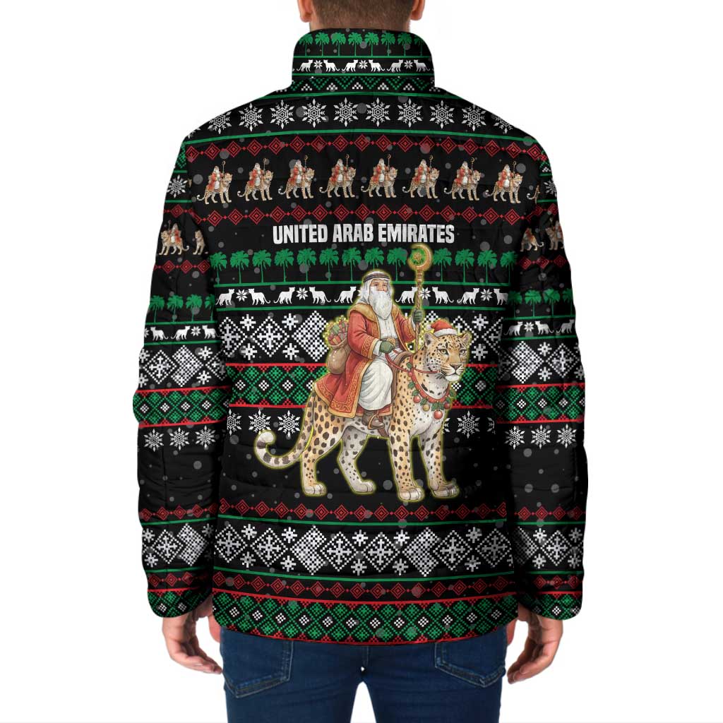 United Arab Emirates Christmas Padded Jacket with Santa Riding Cheetah Black Snowflake Pattern and Palm Tree - Wonder Print Shop