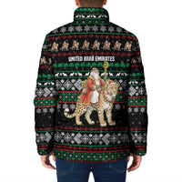 United Arab Emirates Christmas Padded Jacket with Santa Riding Cheetah Black Snowflake Pattern and Palm Tree - Wonder Print Shop
