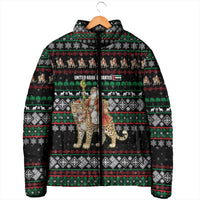 United Arab Emirates Christmas Padded Jacket with Santa Riding Cheetah Black Snowflake Pattern and Palm Tree - Wonder Print Shop