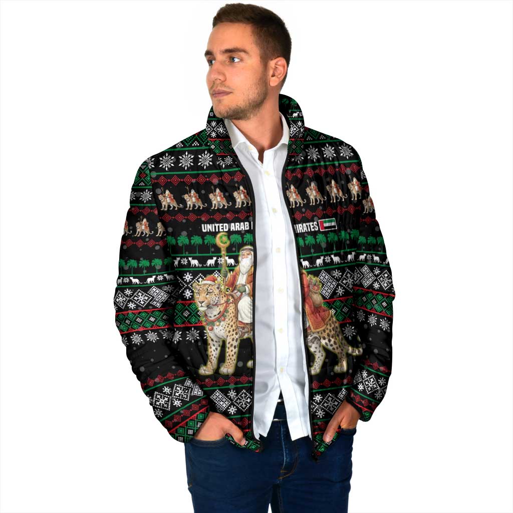 United Arab Emirates Christmas Padded Jacket with Santa Riding Cheetah Black Snowflake Pattern and Palm Tree - Wonder Print Shop