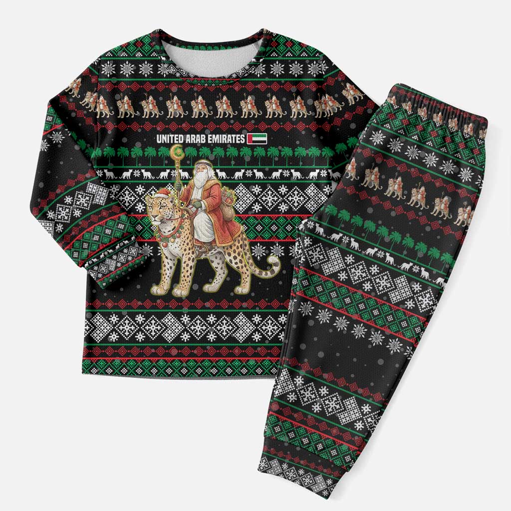 United Arab Emirates Christmas Pajama Set with Santa Riding Cheetah Black Snowflake Pattern and Palm Tree - Wonder Print Shop