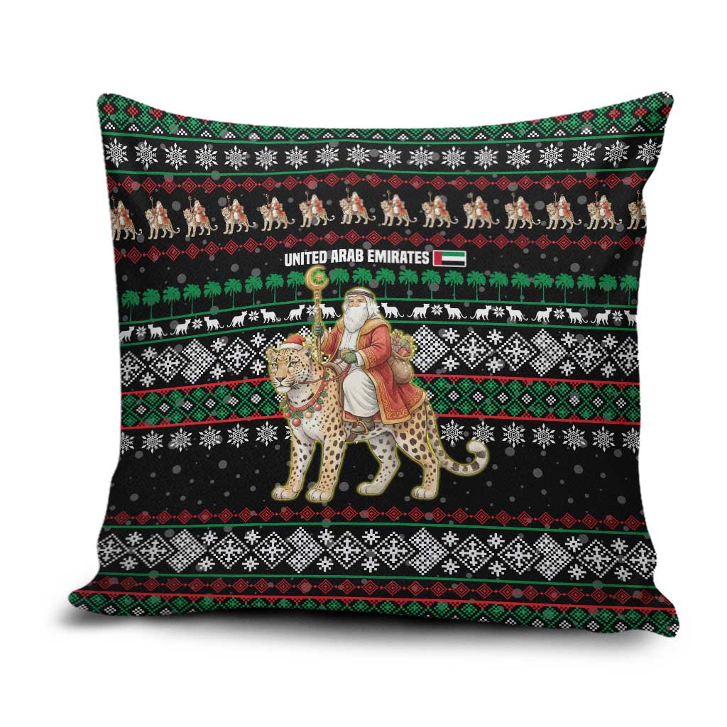 United Arab Emirates Christmas Pillow Cover with Santa Riding Cheetah Black Snowflake Pattern and Palm Tree - Wonder Print Shop