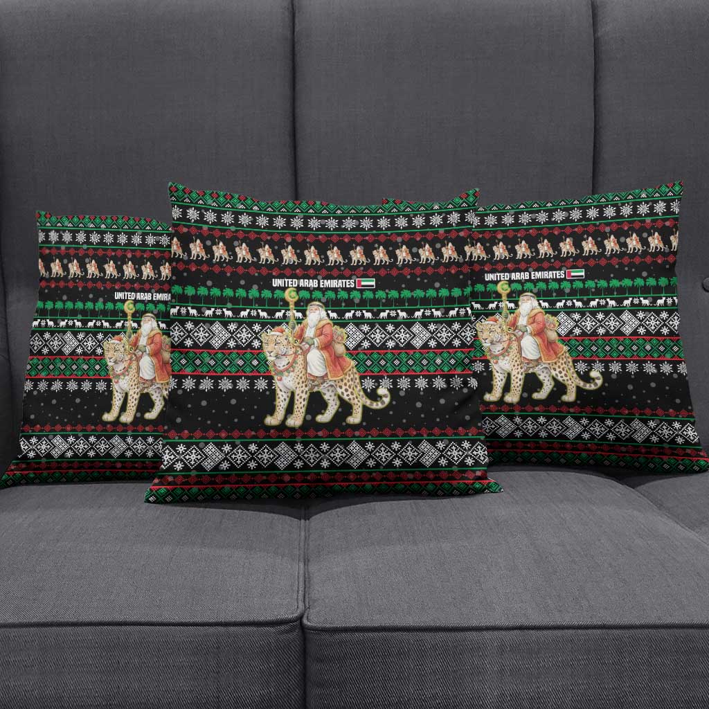 United Arab Emirates Christmas Pillow Cover with Santa Riding Cheetah Black Snowflake Pattern and Palm Tree - Wonder Print Shop