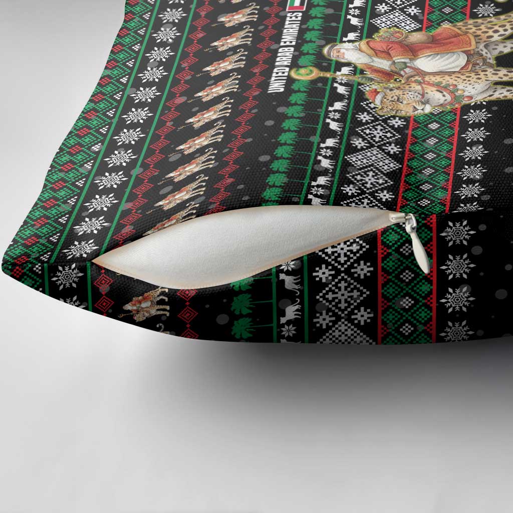 United Arab Emirates Christmas Pillow Cover with Santa Riding Cheetah Black Snowflake Pattern and Palm Tree - Wonder Print Shop
