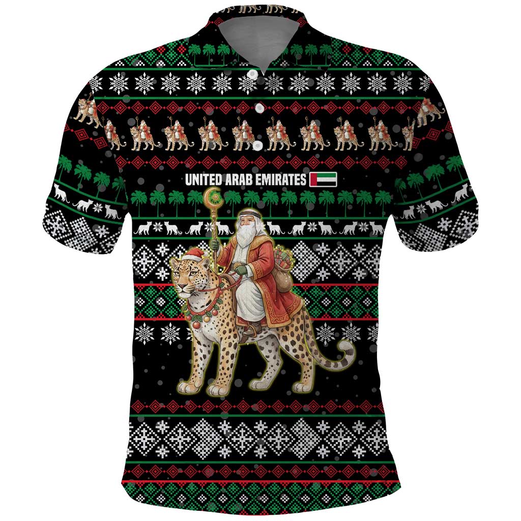 United Arab Emirates Christmas Polo Shirt with Santa Riding Cheetah Black Snowflake Pattern and Palm Tree - Wonder Print Shop