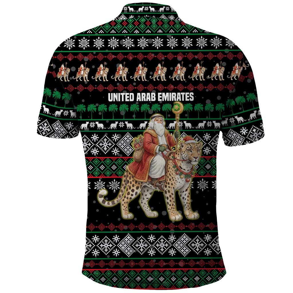 United Arab Emirates Christmas Polo Shirt with Santa Riding Cheetah Black Snowflake Pattern and Palm Tree - Wonder Print Shop