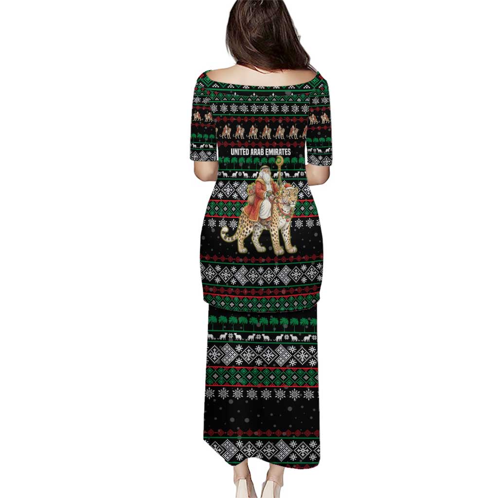 United Arab Emirates Christmas Puletasi with Santa Riding Cheetah Black Snowflake Pattern and Palm Tree - Wonder Print Shop