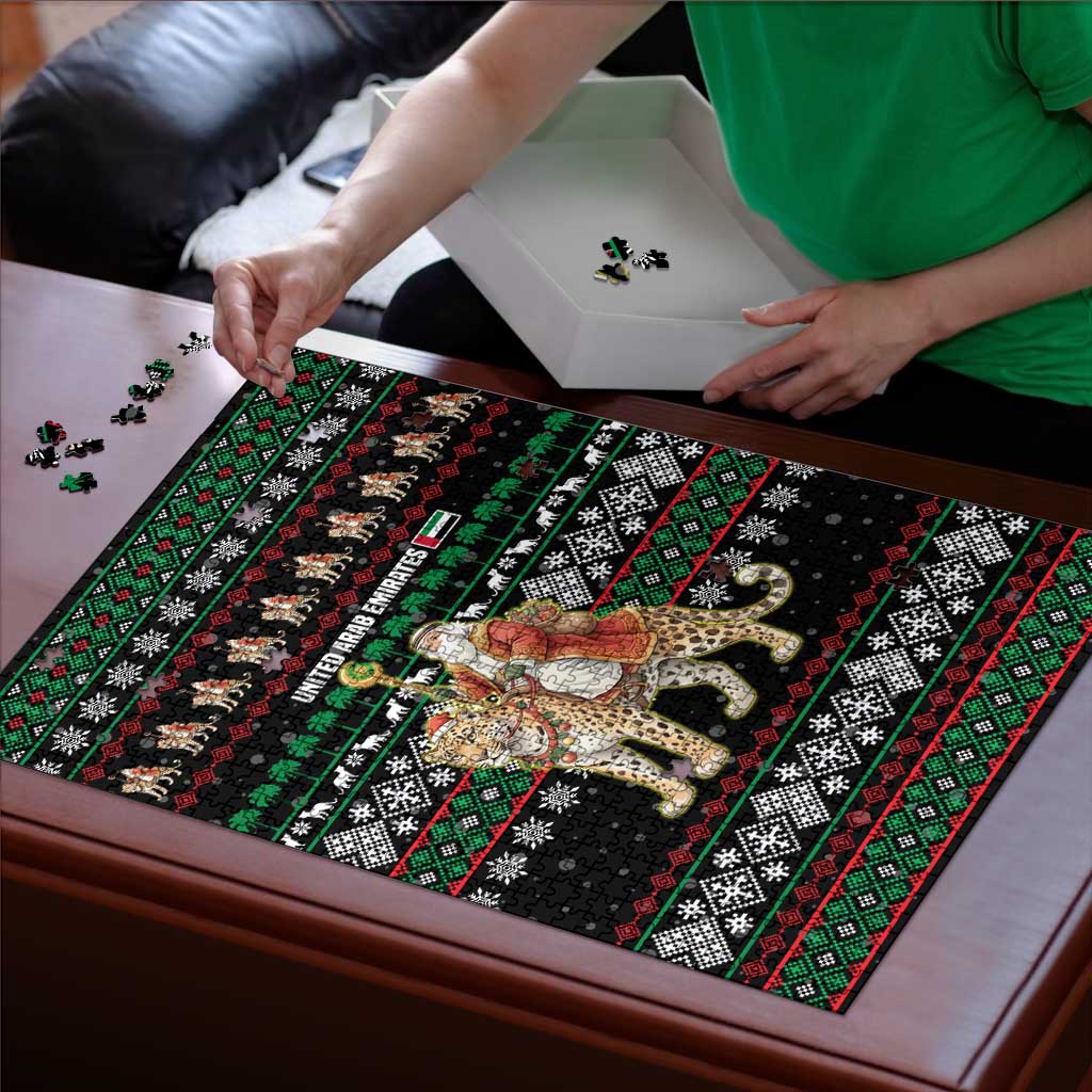 United Arab Emirates Christmas Puzzle with Santa Riding Cheetah Black Snowflake Pattern and Palm Tree - Wonder Print Shop