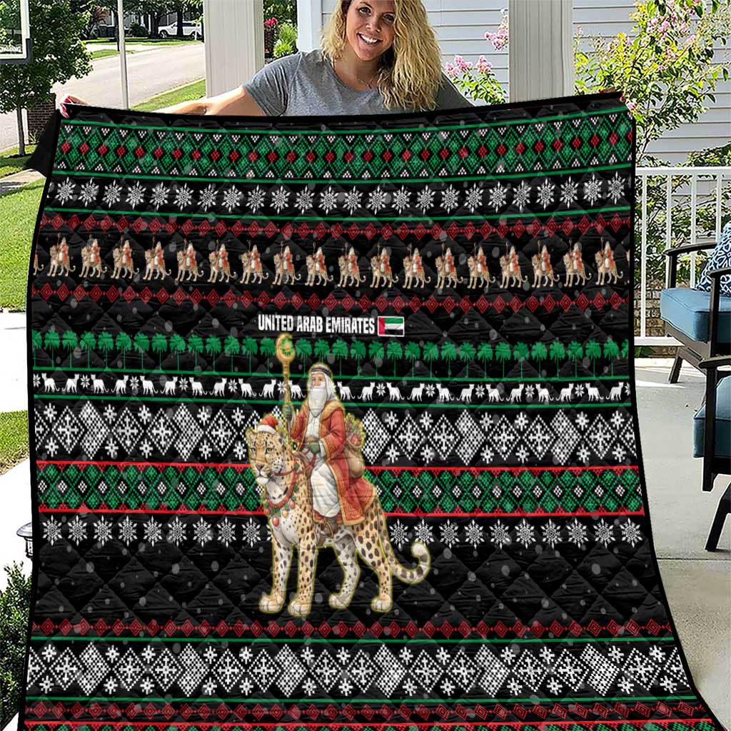 United Arab Emirates Christmas Quilt with Santa Riding Cheetah Black Snowflake Pattern and Palm Tree - Wonder Print Shop