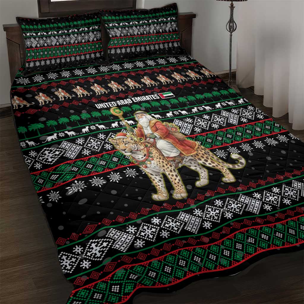 United Arab Emirates Christmas Quilt Bed Set with Santa Riding Cheetah Black Snowflake Pattern and Palm Tree - Wonder Print Shop